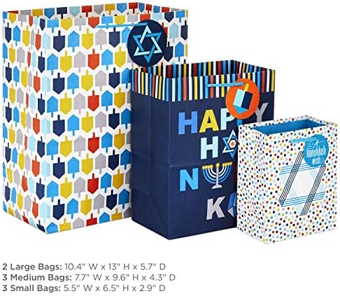 Hallmark Hanukkah Gift Bag Assortment (8 Gift Bags: 3 Small 6", 3 Medium 9", 2 Large 13") Star of David, Dreidels, Happy Hanukkah in Navy Blue, Orange, Yellow