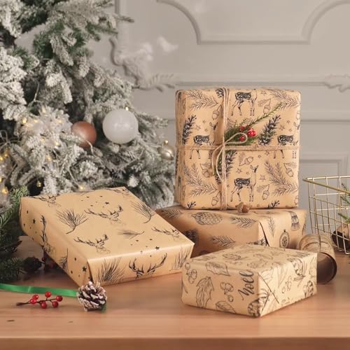 RUSPEPA Christmas Wrapping paper - Brown Kraft Paper with Black Christmas Elements Print Paper - 4 Roll-30Inch X 10Feet Per Roll