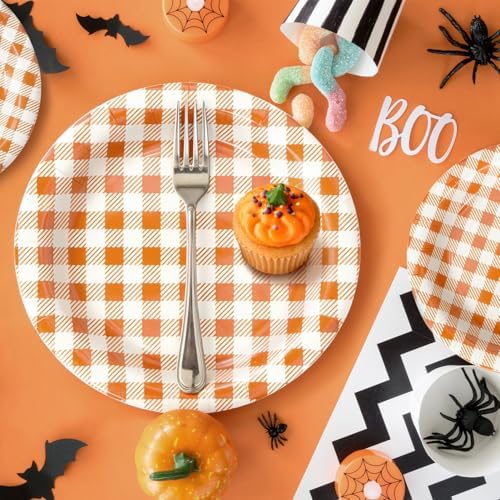 Vyntra 50 Pcs Orange Gingham 9 Inch Round Paper Dinner Plates