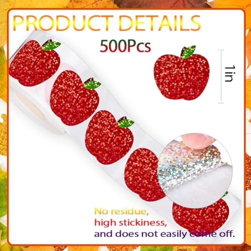500Pcs Back to School Apples Stickers Roll Red Laser Sparkly Apples Label 1in Holographic Waterproof Decals Self-Adhesive Stickers for Envelope Scrapbook Decor First Day