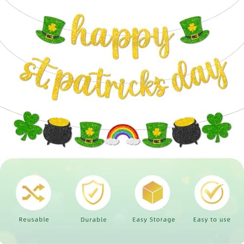 Pre-Strung Happy St. Patrick's Day Banner, Glitter Shamrock Garland with Leprechaun Hats, Rainbows & Clovers, St Patrick's Day Decorations for Party