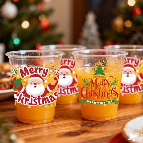 50 Pcs Christmas Party Cups, 12 oz Merry Christmas Clear Plastic Cups, Santa Claus Disposable Drinking Cup for Cold Beverage Ice Cream Snacks Xmas Winter Holiday Party Supplies