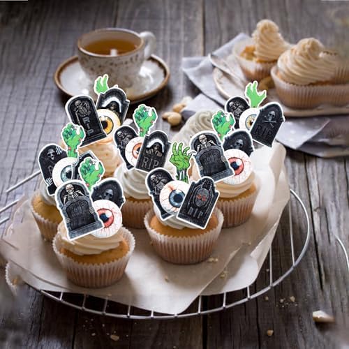 72 PCS Edible Halloween Cupcake Toppers Wafer Paper Skeleton Graveyard Tombstone Cupcake Picks Edible Horror Eyeballs Zombie Hands Cake Decorations for Halloween Theme Birthday Spooky Party Supplies