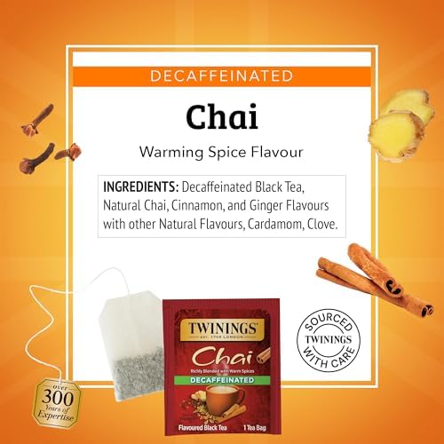 Twinings Decaffeinated Chai Individually Wrapped Bags, 100 Count (Pack of 1), Sweet, Savoury Spices, Enjoy Hot or Iced, 100 Teabags