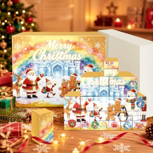 XiaosRen 2026 Christmas Advent Calendar Box Set DIY - 24 Days of Empty Gift Boxes with Number Stickers to Fill for Kids, Family & Friends - Watercolor Gold Background Ice Castle Santa Cartoon Design