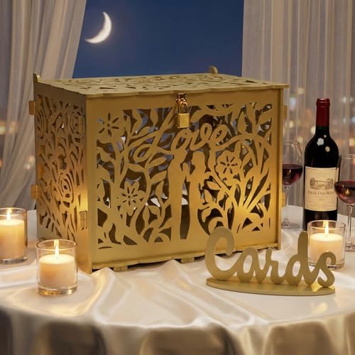 Jolik Bride and Groom Wedding Card Box with Sign, Large Rustic Locking Money Box Holder for Wedding Reception, Gift Card & Envelope Storage, DIY Anniversary & Birthday Party Decoration(Gold)