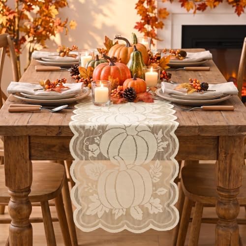 Artoid Mode Beige Lace Jacquard Pumpkin Leaf Fall Table Runner, Seasonal Thanksgiving Autumn Kitchen Dining Table Decoration for Home Party Decor 13x72 Inch