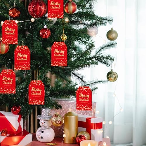 joycraft 50Pcs Christmas Tags with String, Red Merry Christmas Gift Tags