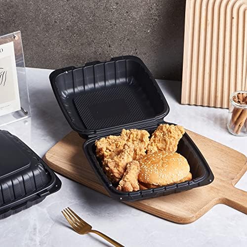 8X8" 1-Compartment 50-Pack Plastic Clamshell To Go Containers Food Carryout Lunch Box Packaging For Sandwich Salad Heavy Duty Disposable Restaurant Service Catering Meal Hinged With Secure Snap Lid