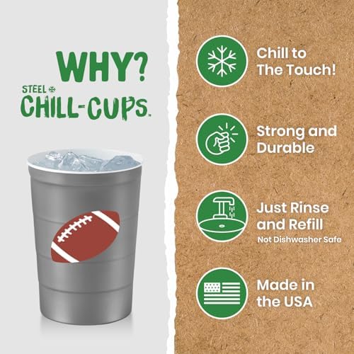 Steel Chill Cups 16 oz. Reusable Party Cups, Football, Gray, 12 Count