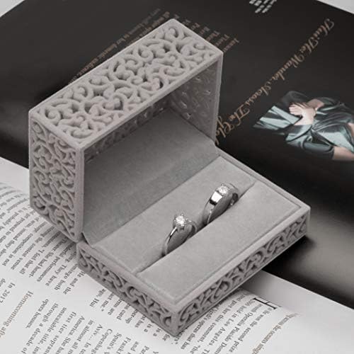 Hollow Velvet Ring Box Velvet Jewelry Box for Rings Couple Double Ring Bearer Box Engagement Gift (Gray)