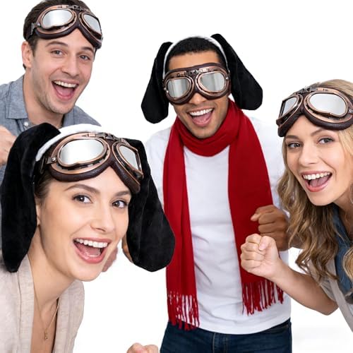 MORTICIA 3pcs Halloween Cosplay Dog Costume Accessories Set with Aviator Goggles, Black Ears Headband, Red Scarf, Cosplay Animal Theme Party and Festival Activities Dress Up Kit for Adults Women