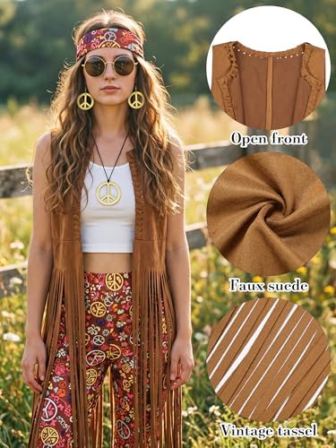 SOMSOC 7 Pieces 60s 70s Women Hippie Costume Fringe Vest Bag Pant Headband for Disco