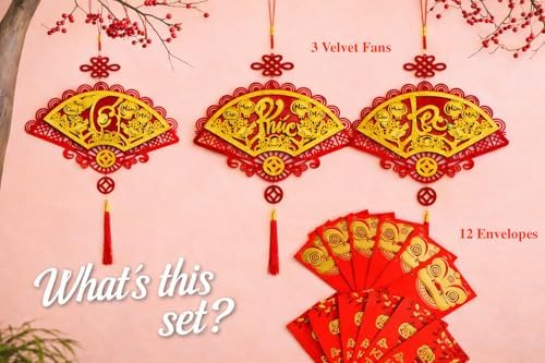 Vietnamese Red Velvet Fans with Gold Calligraphy, 3 Pieces TET Phuc LOC Lunar New Year Wall Decorations/Vietnamese Lunar New Year Decoration/Set Quat Trang Tri TET (3 Pieces)