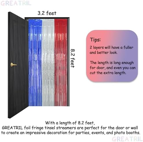Blue Silver Red Party Streamers 4th of July Decorations 3.2ft x 8.2ft 2 PCS