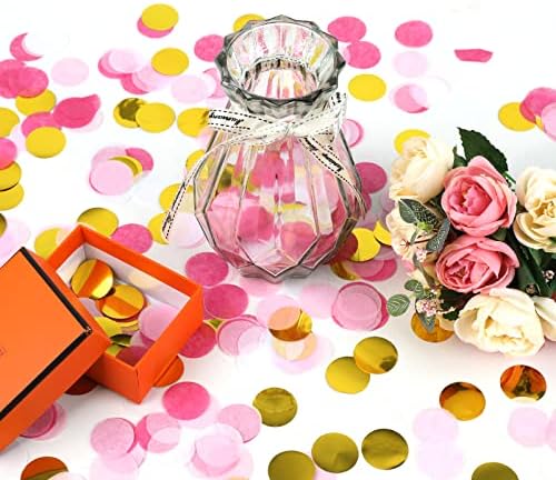 VCOSTORE Pink and Gold Round Tissue Confetti for Baby Shower Wedding Decor