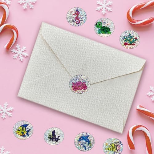 500Pcs Round Sea Animals Stickers 1in Glitter Self-Adhesive Decorative Ocean Life Label Stickers Roll for Birthday Party Favors Teacher Reward Encouragement Envelopes Supplies
