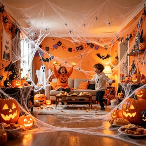 Famoby 1200 sqft Halloween Spider Webs and 50pcs Fake Spiders Super Stretch Cobwebs Party Decorate for Halloween Theme Indoor and Outdoor Decoration