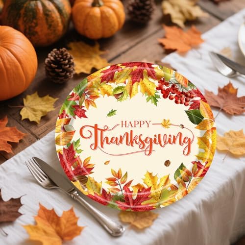 24pcs Thanksgiving Paper Plates Fall Party Supplies Disposable Dinnerware Tableware Maple Leaf-themed paper plates for Thanksgiving Dinner Party 9 in