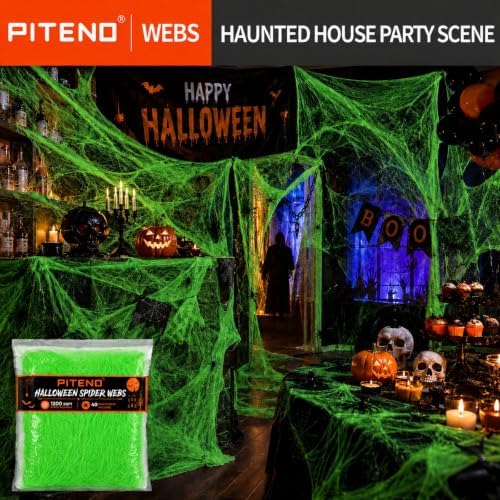 Piteno® 1200 sqft Spider Webs Halloween Decorations with 40 Fake Spiders, Stretchable Halloween Spider Webs for Indoor Outdoor Haunted House Yard Porch Party Decor (Green)