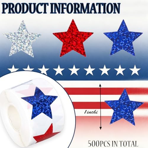 500 Pcs 4th of July Stickers 1In American Patriotic Sticker Fourth of July Label Red White and Blue Laser Glitter Star Sticker for Independence Day Memorial Day Invelope Card Vote Stickers