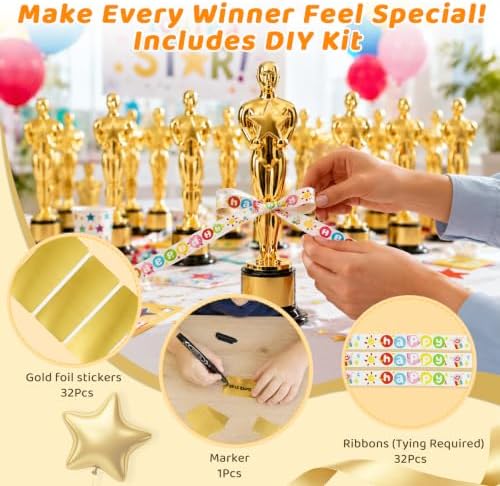 30 Pack Mini Award Trophies with Stickers, Marker & Ribbons