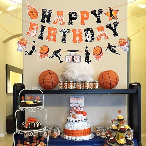 Basketball Happy Birthday Banner - Orange and Black Sports-Themed Party Decoration with Basketball Hoops and Fireball Design, Pre-Assembled, No DIY Required, Festive Indoor Outdoor Birthday Party Supplies