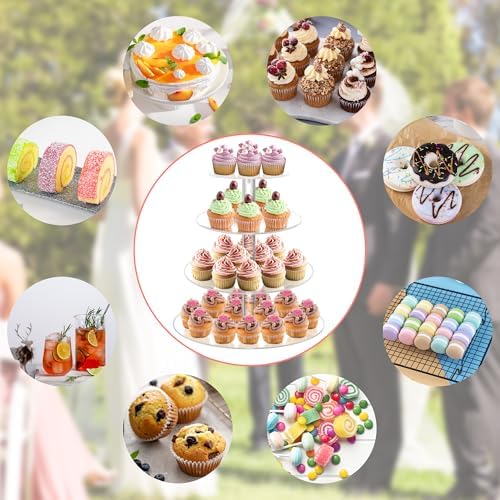 YestBuy 4 Tier Round Acrylic Cupcake Stand with Base, Premium Cupcake Holder, Acrylic Cupcake Tower Display Cady Bar Party Décor – Display for Pastry (4" Between 2 Layers)