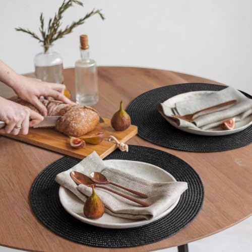 FunWheat Round Braided Placemats Set of 12 Place Mats for Dining Table Woven Washable Non-Slip Table Mats 15 Inch(Black,12pcs)
