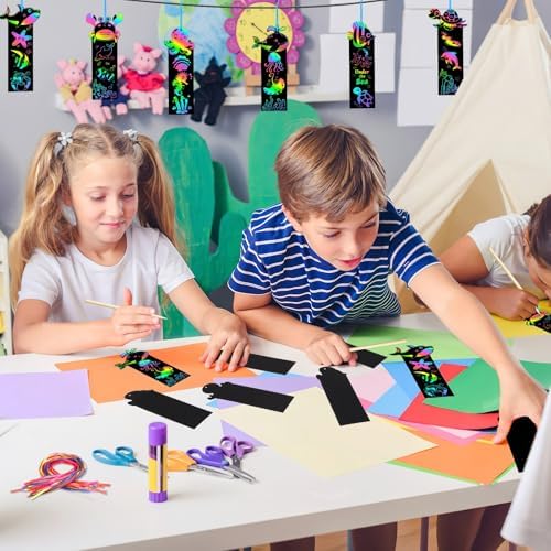 AUGSUN 96Pcs Ocean Animals Scratch Art Bookmarks Rainbow Scratch Bookmarks