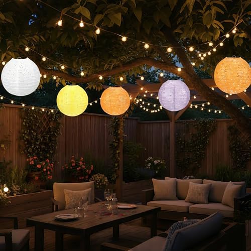 5Pack Paper Lanterns Chinese Japanese Hanging Paper Lanterns with LED Lights Sticks Tassels 8 Inch Round for Chinese Lunar New Year Party Decorations 2026 Spring Festival Wedding Asian Home Decor
