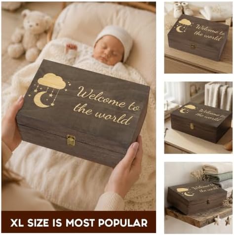 Welcome to the World Engraved Wooden Keepsake Box, Newborn Baby Memory Box with Inside Engraving, Baby Milestone Storage Box for Photos, Cards & Precious Keepsakes , X-Large ,14.15 x 9.5 x 4.5"
