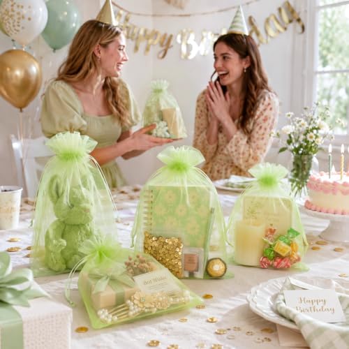 FUNFERY 100PCS Apple Green Organza Gift Bags 6x9in,Drawstring Jewelry Pouch