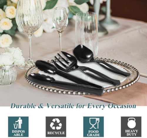 36 Pcs Disposable Plastic Serving Utensils - 9" Black Heavy Duty Serving Utensils Set, 12 Forks, 12 Tongs, 12 Serving Spoons for Buffet Party Chafing Dish Catering