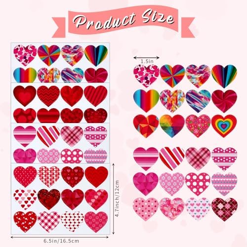 Valentines Stickers, Heart Stickers, 384 PCS Valentine Day Heart Stickers for Kids, 1.5 Inch Self-Adhesive Love Decorative Sticker Labels for Valentine's Day Wedding School Craft Activity Party Favors