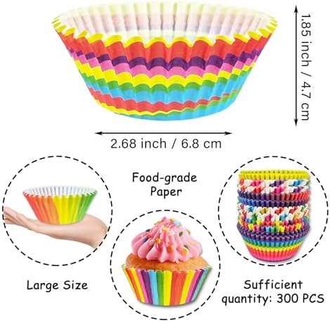 Jumbo Cupcake Muffin Liners - 300 Count Rainbow Large Baking Cup Cake Liners Paper, Jumbo Size Colorful Cupcake Liner Candy Wrappers Cookies Wrap for Bakeware Birthday Wedding Party