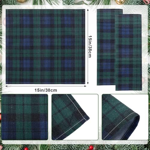 Funnymoom 24 Pcs Christmas Linen Plaid Cloth Napkins Blue and Green