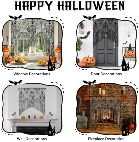 ZeeDix 2 Pcs Halloween Lace Curtains Black Skull Tassel Window Door Curtain