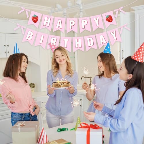 Strawberry Happy Birthday Banner Decorations, Pre-Strung Letter Garland with Berry Accents for Girls Birthday Party, Baby Shower, Indoor Outdoor Wall Decor and Photo Backdrop, Pink