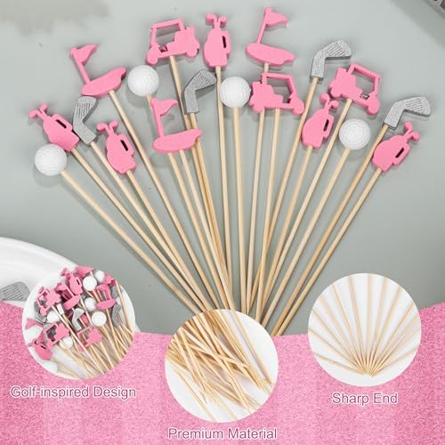 Aodaer 200 Pieces Golf Cocktail Picks for Appetizers 4.7 Inch Golf Themed Decorative End Fruit Toothpicks Skewers Bamboo Cocktail Picks for Sports Catered Events Buffet Party Supplies, Pink