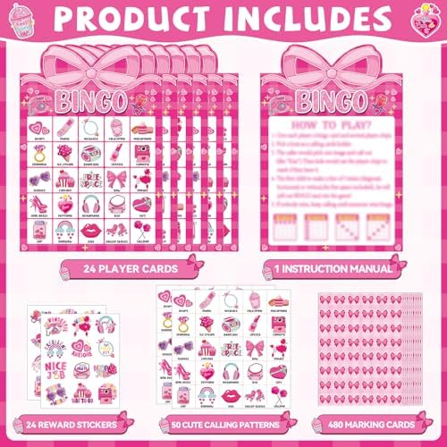 39 Pcs Pink Bow Party Bingo Game for Adults Kids 24 Players Pink Girls Party Bingo Game Cards with Reward Stickers for Family Friends Large Group Gathering Bachelorette Princess Doll Party Favors