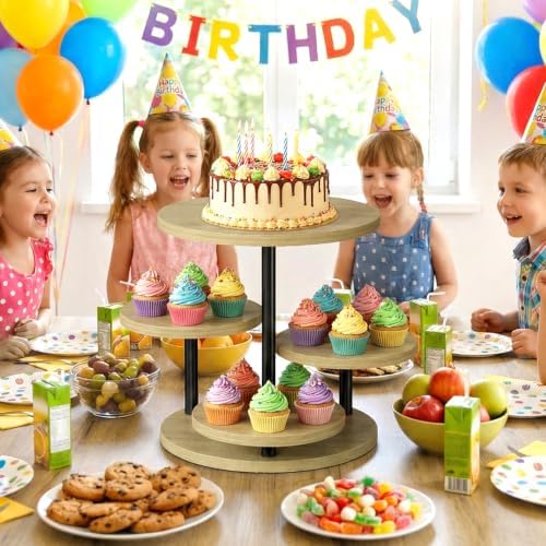 Cake Stand for 50 Cupcakes 360°Rotating Wooden Cupcake Display Stand Round Cookie Stands 4 Tiered Tray Stand for Parties Birthday Wedding Baby Shower Afternoon Tea Dessert Table, Oak