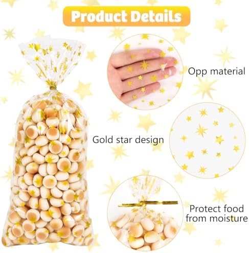 DIYASY 180 Pcs Gold Star Cellophane Treat Bags, 5 X 11 Inches Plastic Star Printed Candy Gift Bag Clear Food Snack Bags with Twist Ties for Goody Cookies Party Favor Supplies