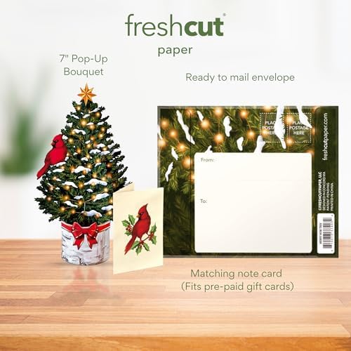 Freshcut Paper Pop Up Cards, Mini Merry Tree, 6 Inch Mini Sized Forever Flower Bouquet 3D Popup Greeting Cards, Christmas Card, Holiday Card, Blank Notecard & Envelope