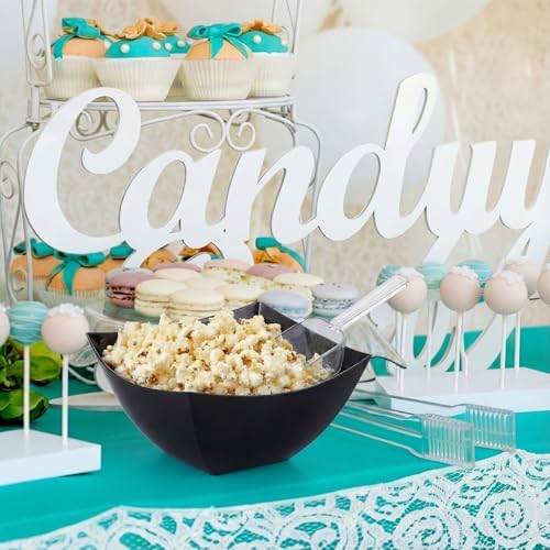 FoldTier 16oz 6 Black Plastic Candy Bowls, 4 Scoops and 4 Tongs Set Square Disposable Plastic Buffet Containers for Chip, Snacks Popcorn Candy Buffet Bar Birthday Party Supplies