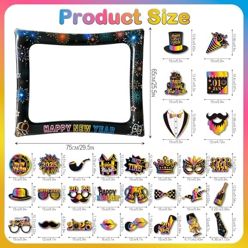 2026 New Year Photo Booth Inflatable Frame Kit, 30Pcs Colorful Neon New Years Photo Booth Props with Inflatable Picture Frame for New Year Eve Party Selfie Props Supplies