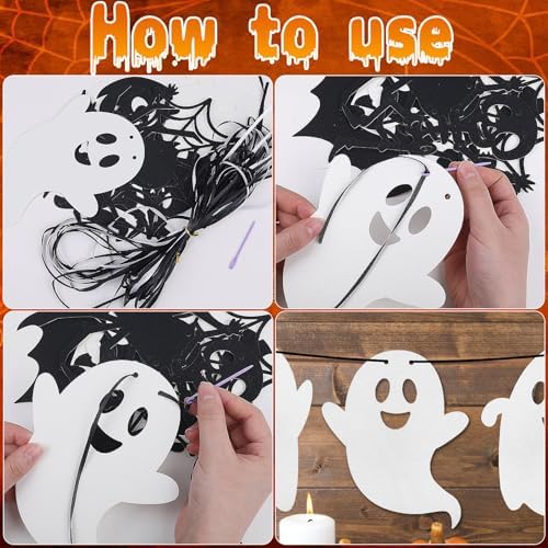 CCINEE Halloween Bat Banner Spider Ghost Skeleton Witch Garland, 5 PCS White Black Glitter Banner Garland for Halloween Party Haunted House Classroom Firepalce Indoor Outdoor Decorations