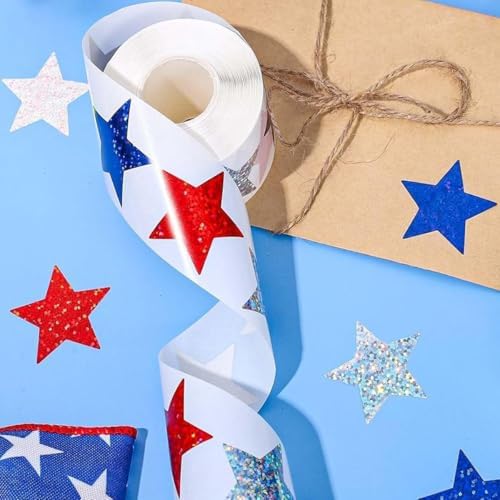 500 Pcs 4th of July Stickers 1In American Patriotic Sticker Fourth of July Label Red White and Blue Laser Glitter Star Sticker for Independence Day Memorial Day Invelope Card Vote Stickers