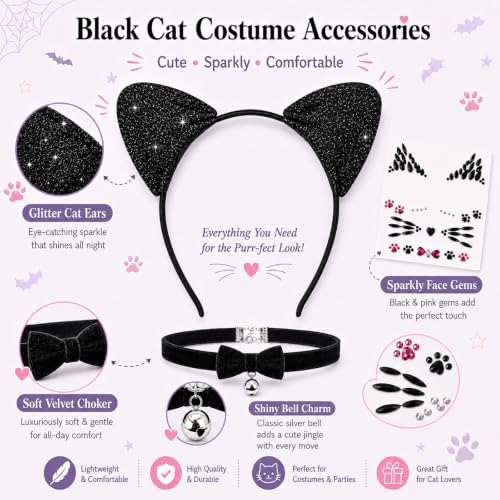 Black Cat Ears Headband, Bell Choker & Face Stickers - Black Cat Costume Outfit Woman Adult Women, Halloween Dress Up & Cosplay Party Accessories