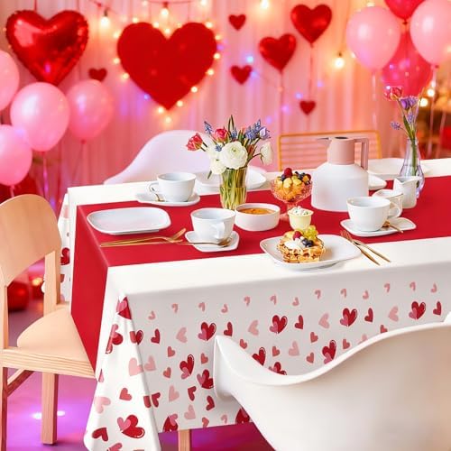 Hxezoc 3 Pack Valentines Day Tablecloths, 54 x 108 Inch Disposable Heart Plastic Table Cover for Girls Kids Valentines Birthday Baby Shower Party Decorations Outdoor Indoor Party Supplies